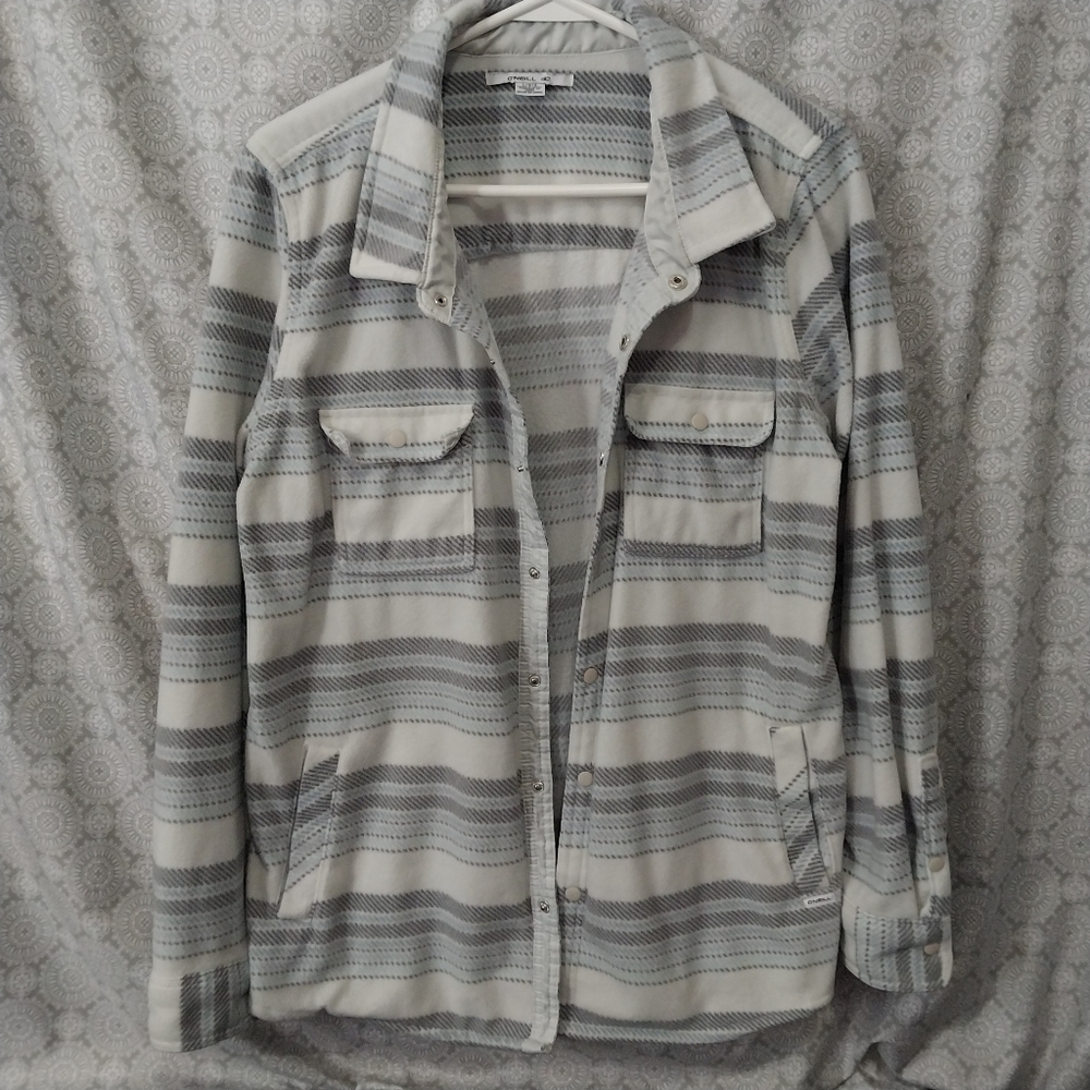 Super Soft White And Gray Striped O Meil Womens L Fleece Shirt